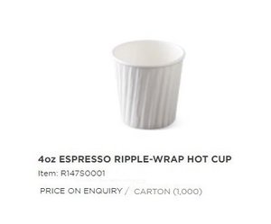 Image of Ripple-Wrap Espresso Hot Cup 4oz - White (1000 cups per carton) Item Code: R147S0001 from Supplybunny.com