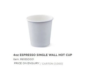 Image of Single Wall Espresso Hot Cup 4oz - White (1000 cups per carton) Item Code: R618S0001 from Supplybunny.com