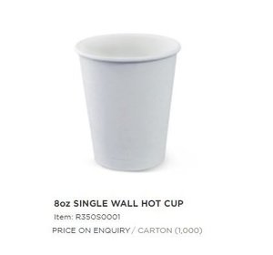 Image of Single Wall Hot Cup 8oz - White (1000 cups per carton) Item Code: R350S0001 from Supplybunny.com