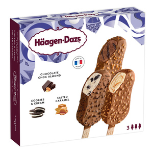 Image of Häagen-Dazs Chocolate Choc Almond & Cookies Cream & Salted Caramel 3 x 80ml/Multipack (12 multipacks per carton) Imported from France GBA P.Code: HD3004 from Supplybunny.com